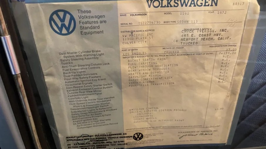 Adesivo na janela do Volkswagen Beetle Baja Champion Edição Especial 1972 Adesivo na janela do Volkswagen Beetle Baja Champion Edição Especial 1972
