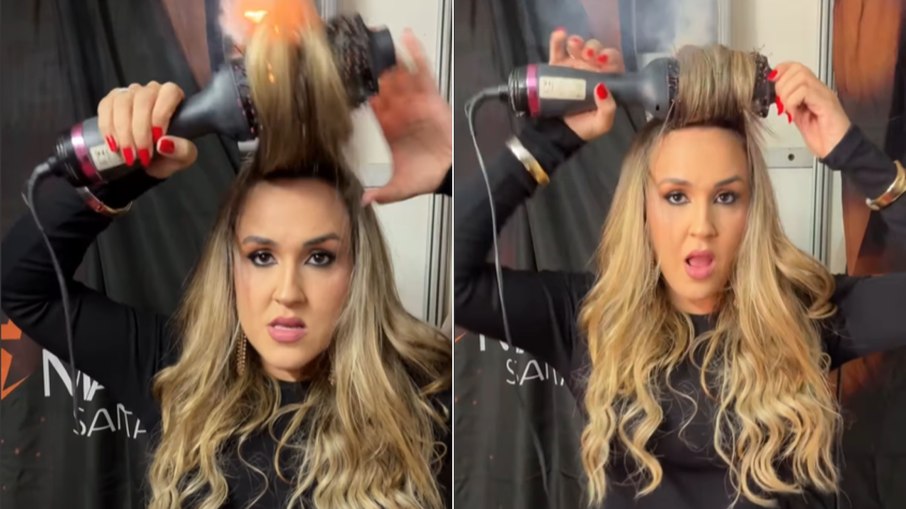 Escova pega fogo no cabelo de cantora sertaneja antes do show Escova pega fogo no cabelo de cantora sertaneja antes do show