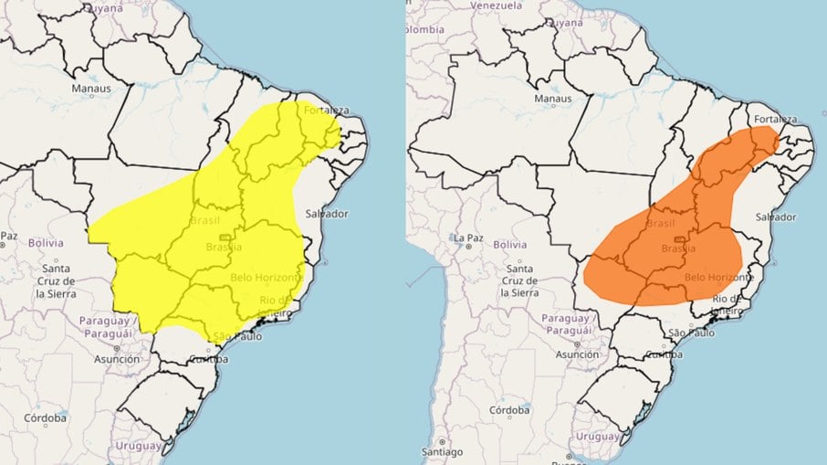 Mapas mostram áreas com alertas amarelo e laranja de baixa umidade