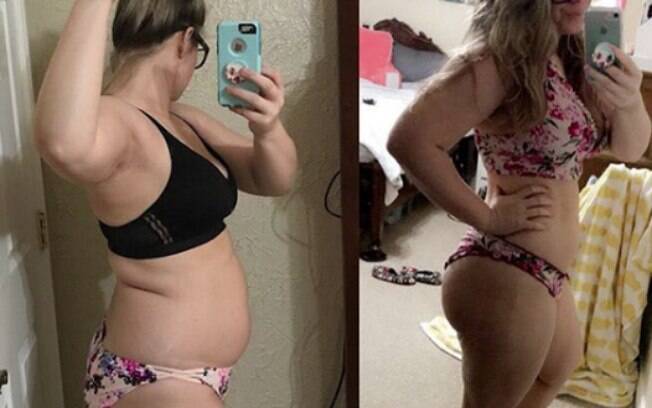 Segundo os números da balança, norte-americana Hannah estava com 68kg na foto da esquerda e quase 80kg na da direita