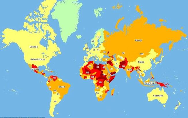Violência: mapa mostra quais países têm os riscos de segurança: aqueles que apresentam risco insignificante estão em verde claro; risco baixo, em amarelo; médio, em marrom; alto, em vermelho; extremo, como a Líbia, em vermelho escuro