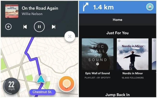 Para utilizar integração entre Waze e Spotify, basta tocar sobre os ícones que serão exibidos nos aplicativos
