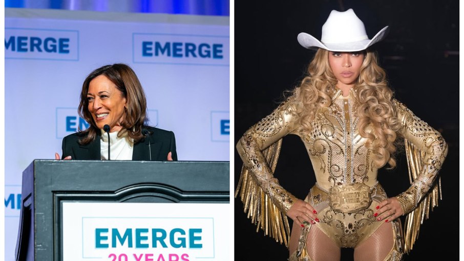 Kamala Harris, à esquerda, e Beyoncé, à direita Kamala Harris, à esquerda, e Beyoncé, à direita
