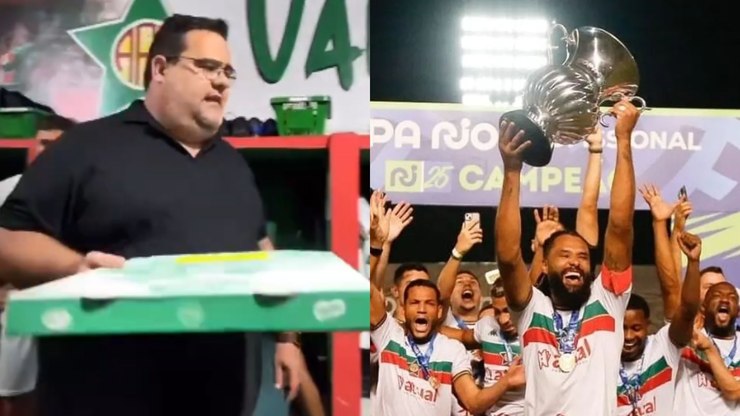 Vídeo: presidente da Portuguesa-RJ inova e come pizza em preleção