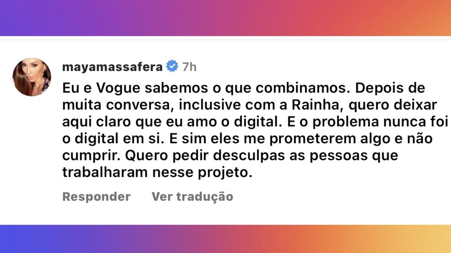 Print de um dos comentários de Maya Massafera no Instagram