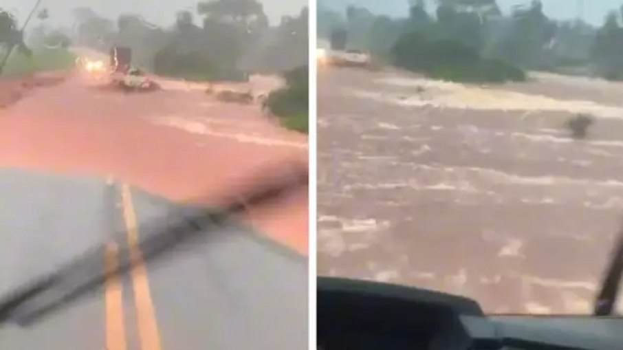 Enxurrada faz piscina parar no meio da BR-267