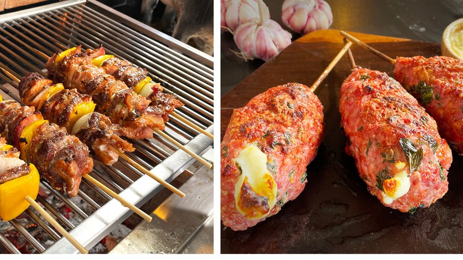 Churrasco Grego e Kafta de linguiça recheada com queijo 