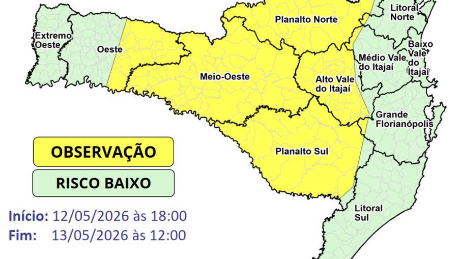 O risco para saúde é moderado nas áreas em amarelo e baixo nas áreas em verde do mapa em ocorrências associadas frio extremo