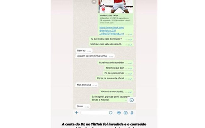 Conversa entre Bernardo e David Luiz sobre a conta invadida