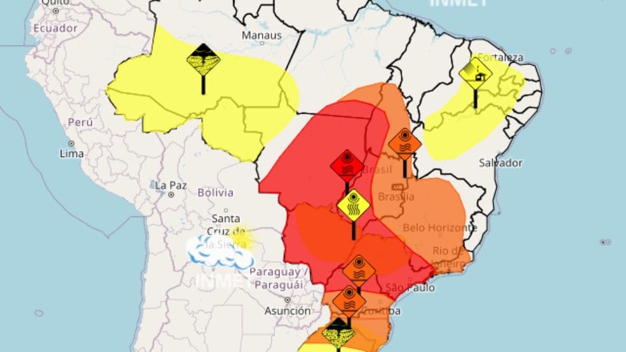 Mapa do Inmet mostra avisos meteorológicos espalhados pelo Brasil