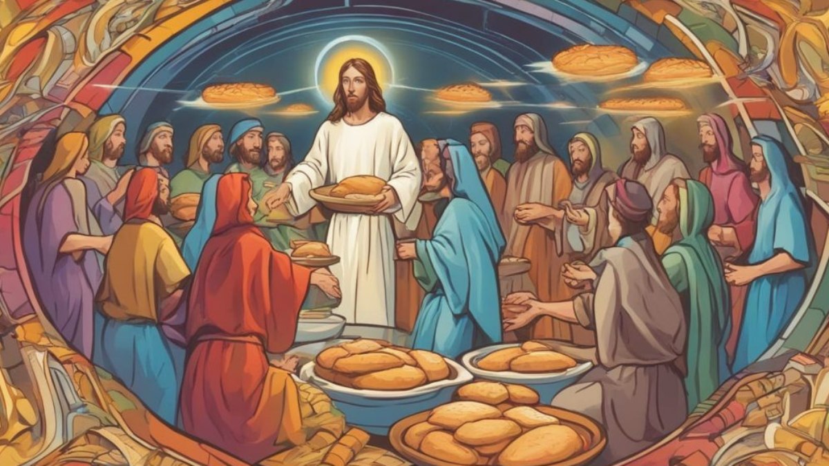 Arte reproduzindo o milagre de Jesus Cristo multiplicando o pão