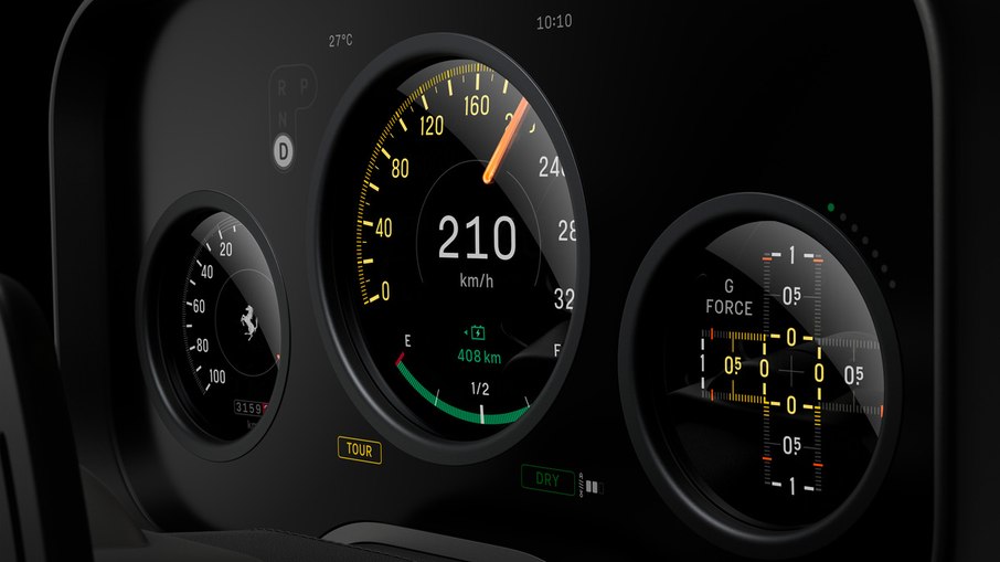 Painel de instrumentos digital do Ferrari Luce exibe velocímetro central e informações de desempenho
