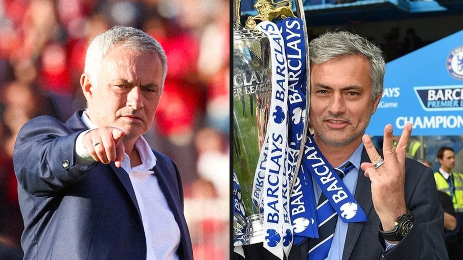 José Mourinho em dois momentos: no Benfica, em 2025, e no Chelsea, em 2015