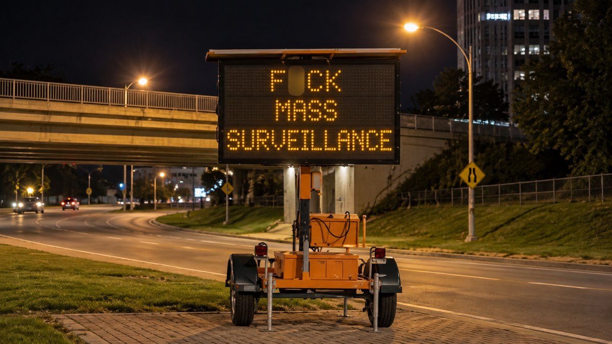Equipamento instalado próximo às obras da Ontario Line exibiu palavrões e críticas a sistemas de vigilância por câmeras Equipamento instalado próximo às obras da Ontario Line exibiu palavrões e críticas a sistemas de vigilância por câmeras