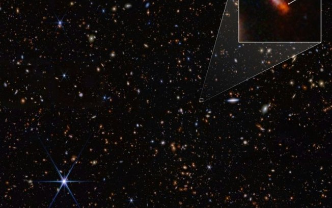 Imagem obtida pelo Telescópio Espacial James Webb mostrando a galáxia JADES-GS-z14-0, a mais distante já observada, fornecida pela Nasa em 30 de maio de 2024