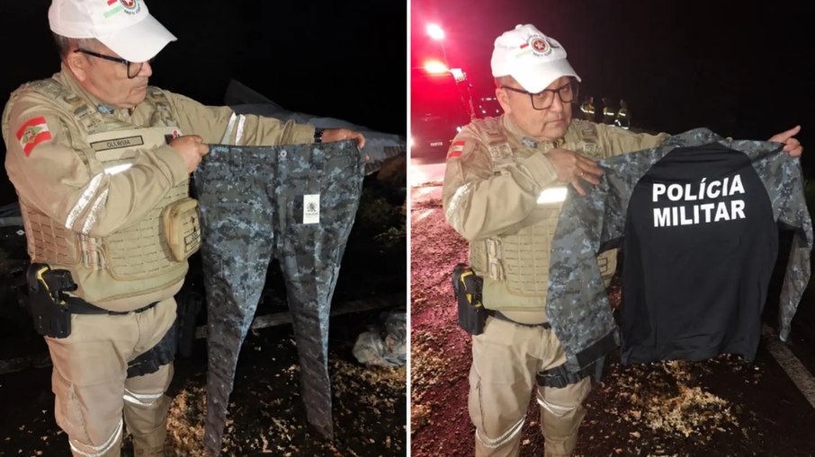 Agente de segurança de Santa Catarina mostra peças de uniforme da PMGO após acidente na SC-416 Agente de segurança de Santa Catarina mostra peças de uniforme da PMGO após acidente na SC-416