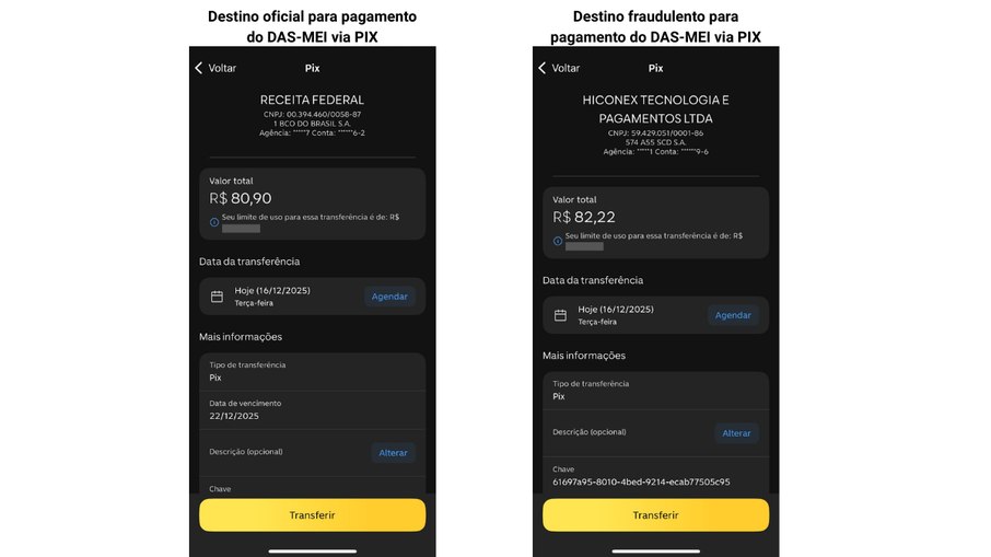 Comparação entre o pagamento oficial e o da fraude, ambos via PIX