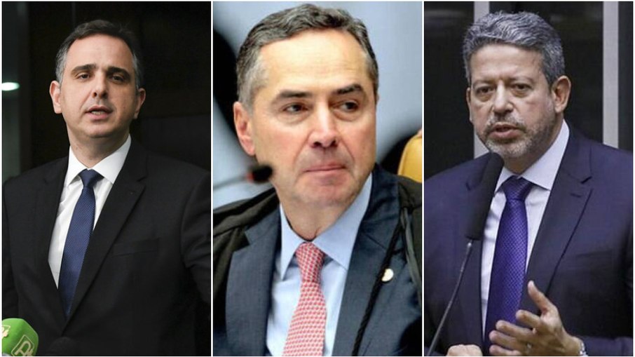 Rodrigo Pacheco, presidente do Senado, Luís Roberto Barroso, presidente do STF e Arthur Lira, presidente da Câmara dos Deputados