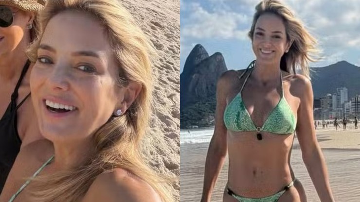 Aos 49 anos, Ticiane Pinheiro mostra curvas na praia