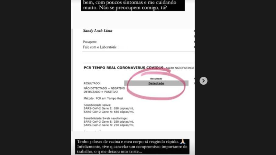 Foto do exame positivo para Covid-19 que Sandy publicou nos stories de sua conta no Instagram
