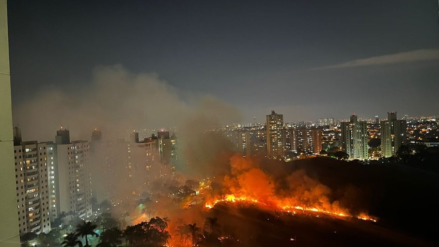 Um incêndio de grandes proporções atinge uma área de mata no Parque Prado, em Campinas.