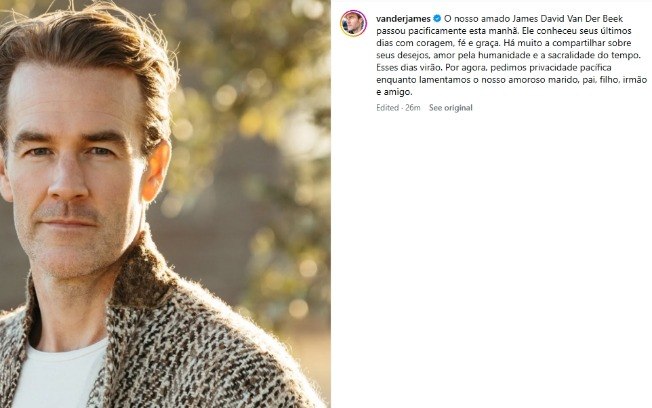 Post realizado pela familia de James Van Der Beek comunicando seu falecimento