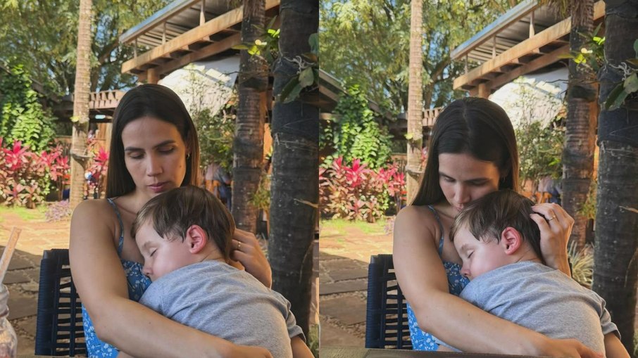 Pérola Faria ao lado de seu filho Joaquim