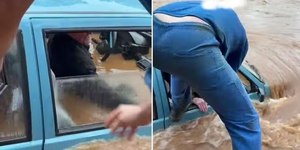 Vídeo: idoso é retirado de carro submerso durante temporal no RS