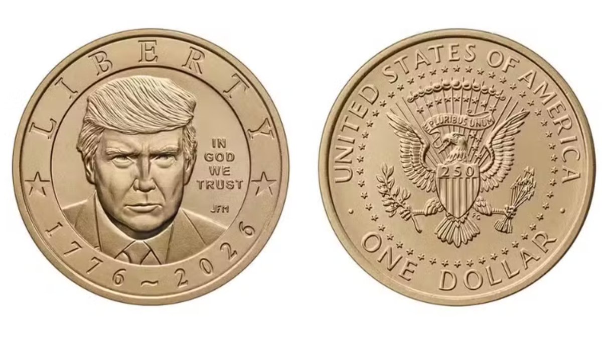 Moeda comemorativa de US$ 1 com o rosto de Donald Trump Moeda comemorativa de US$ 1 com o rosto de Donald Trump