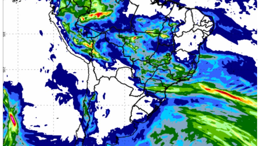 Chuva acumulada de sexta-feira (4) até o final de terça-feira (8). As cores indicam os totais registrados no período. As áreas em vermelho podem apresentar volumes superiores a 80 mm.