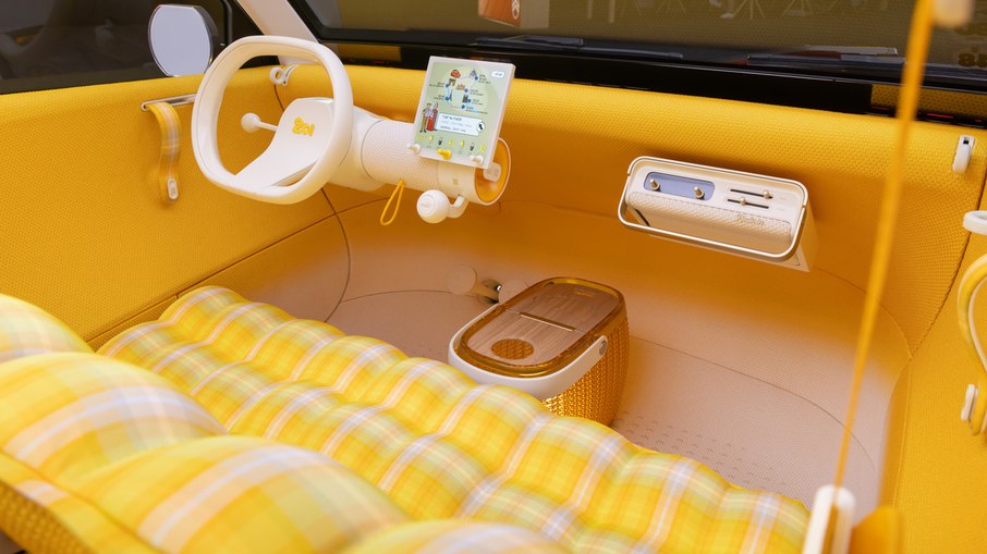 Cabine do Citroën 2CV Concept combina bancos com tecido xadrez, painel simplificado e soluções de armazenamento para o uso cotidiano.