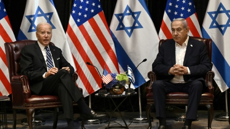 Joe Biden e Benjamin Netanyahu em Tel Aviv em 18 de outubro de 2023