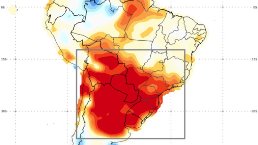 Apesar de aparecerem em tons aquecidos na foto, Rio Grande do Sul e Santa Catarina não estão dentro das áreas sob alerta vermelho do Inmet Apesar de aparecerem em tons aquecidos na foto, Rio Grande do Sul e Santa Catarina não estão dentro das áreas sob alerta vermelho do Inmet