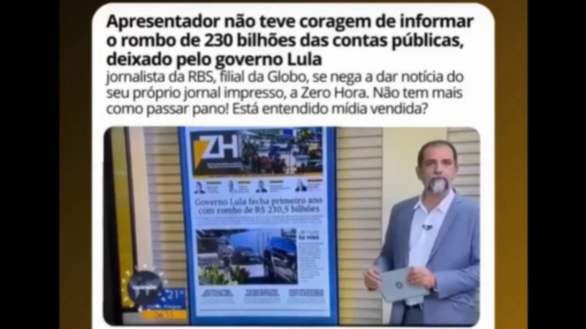 A legenda diz: 'Apresentador não teve coragem de informar o rombo de 230 bilhões das contas públicas, deixado pelo governo Lula'