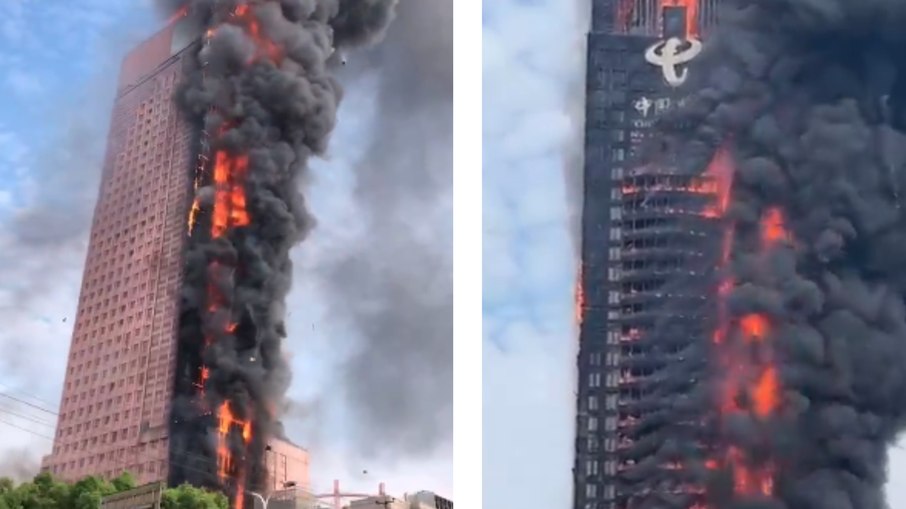 Incêndio atinge prédio de 218 metros de altura na China