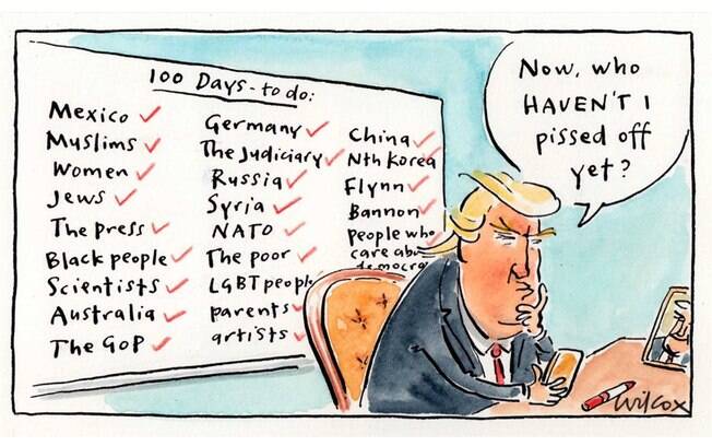 Charge em referência aos 100 dias de mandato de Trump