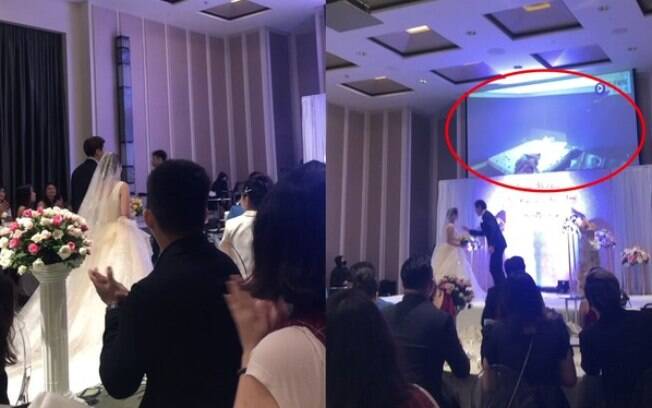 Detalhes do momento que as imagens da traição da noiva são exposta no telão do casamento