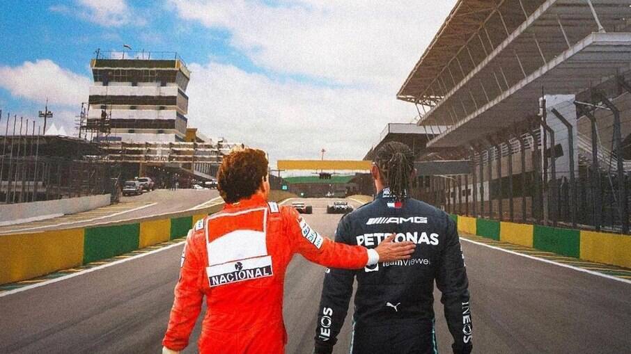 Montagem feita pela Mercedes retrata Ayrton Senna e Lewis Hamilton caminhando por Interlagos