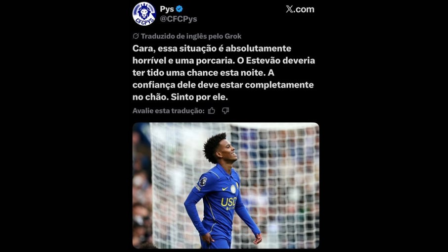 Torcedor do Chelsea lamenta falta de oportunidades a Estêvão