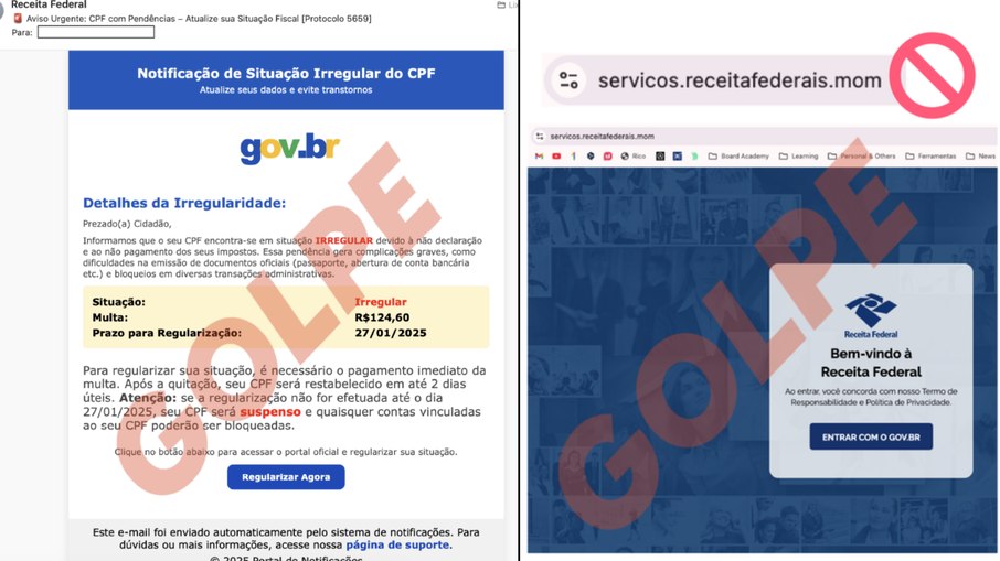 Os golpistas enviam mensagens utilizando logotipos e linguagem técnica semelhantes aos da Receita Federal