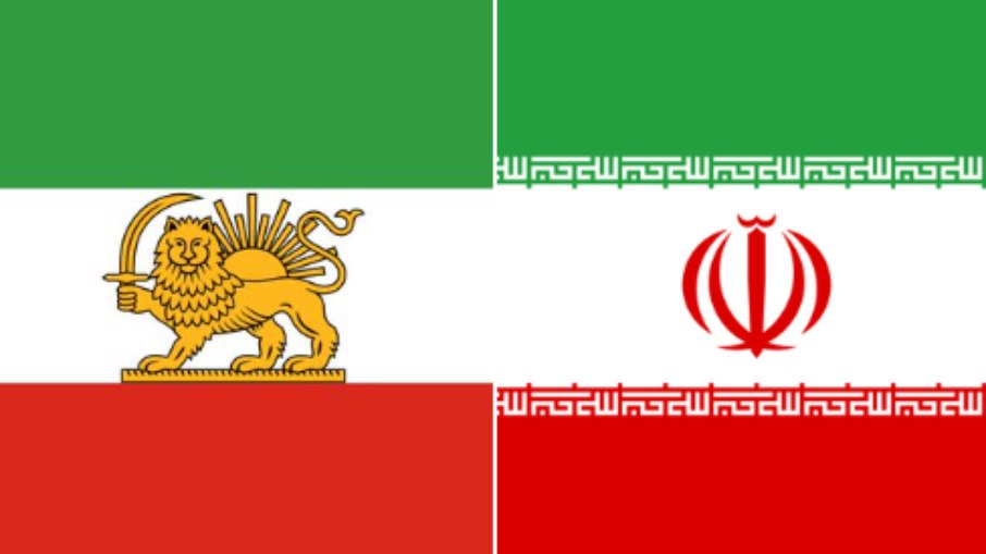 Bandeira monárquica do Irã (E) e atual bandeira do país (D)