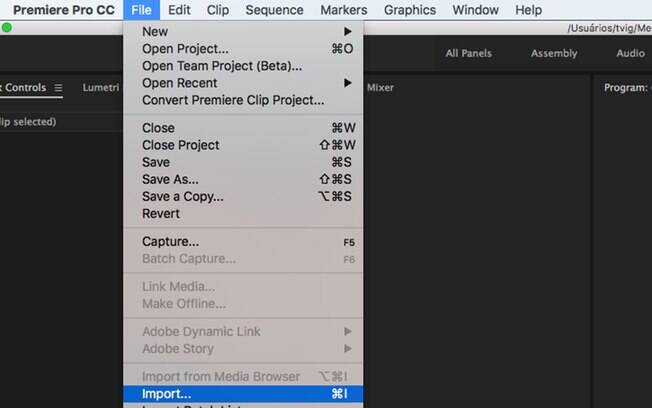 Para importar o seu vídeo para o Premiere, vá em New > Import e selecione o arquivo