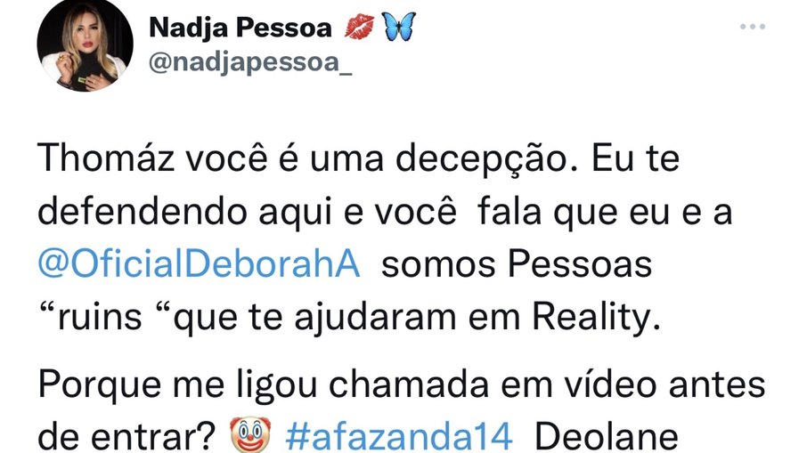 Print do post já apagado de Nadja Pessoa