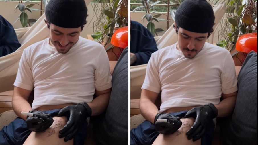 Filho de Alessandra Negrini e Murilo Benício faz tatuagem milenar na coxa Filho de Alessandra Negrini e Murilo Benício faz tatuagem milenar na coxa