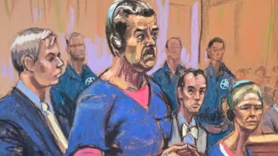 Ilustração divulgada pela Justiça dos EUA: Maduro e Cilia Flores na audiência