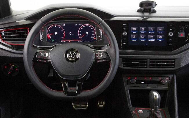 O interior do VW Polo GTS faz referência ao Jetta GLI, que é de categoria superior; destaque pra o acabamento vermelho