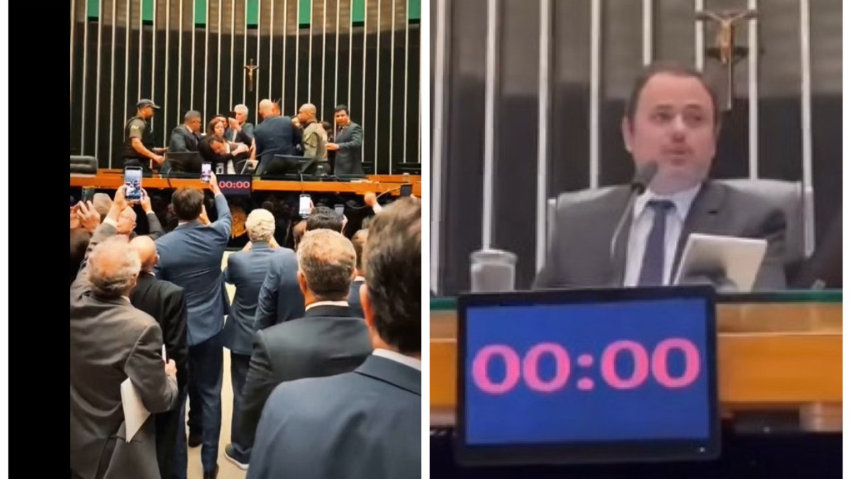 Momento da confusão e o deputado Glauber Braga, pouco antes, discursando na mesa diretora 