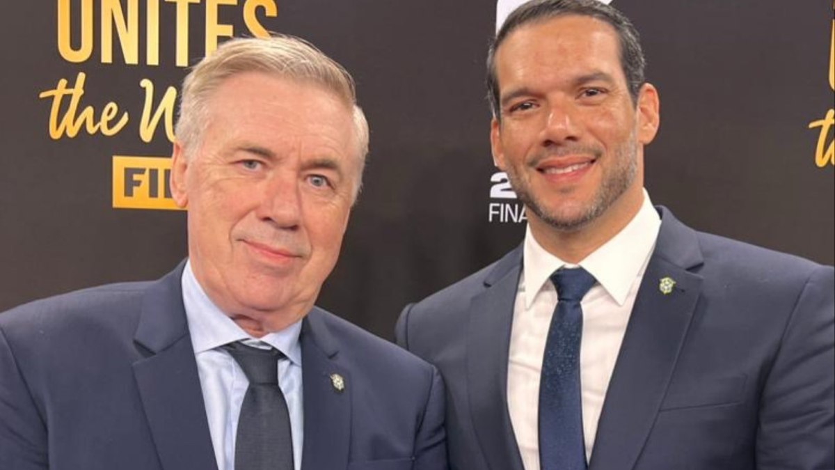 Carlo Ancelotti com Samir Xaud no sorteio da Copa de 2026 Carlo Ancelotti com Samir Xaud no sorteio da Copa de 2026
