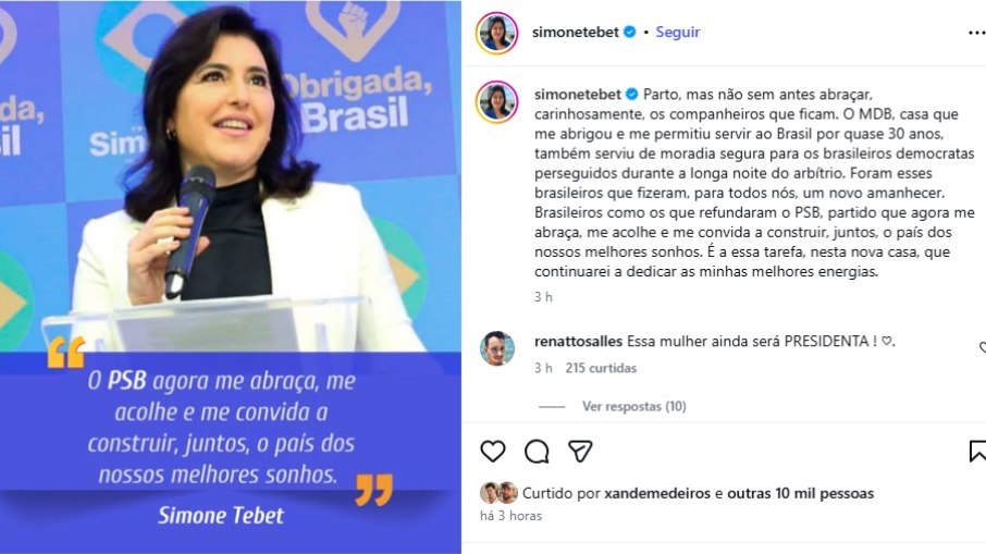 Simone Tebet se pronunciou nas redes sociais Simone Tebet se pronunciou nas redes sociais