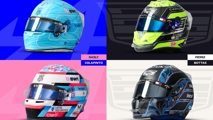 Capacetes de Gasly, Colapinto, Pérez e Bottas